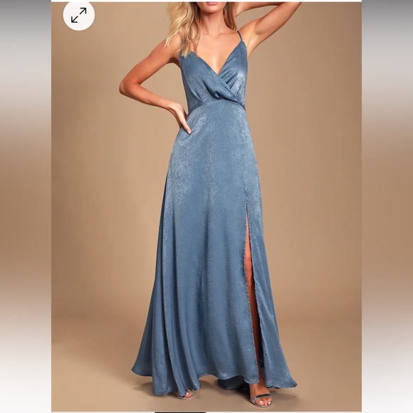 Lulu’s Constantine Slate Blue Satin Maxi Dress - Picture 3 of 6